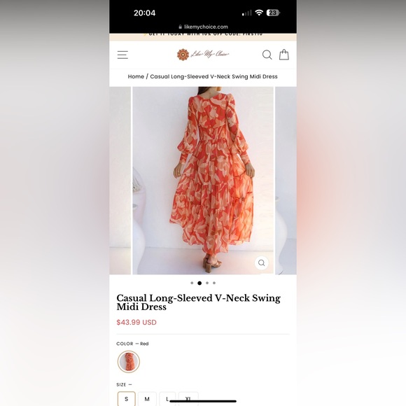 Long-Sleeved V-Neck Swing Midi Dress - Picture 2 of 4